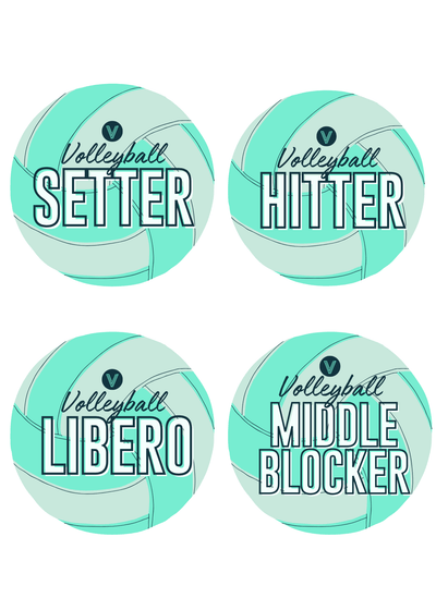 Four volleyball designs labeled 'Setter', 'Hitter', 'Libero', and 'Middle Blocker' on a white background.
